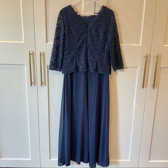 Navy Lace Floor Length Evening Formal Dress - Picture 3 of 6